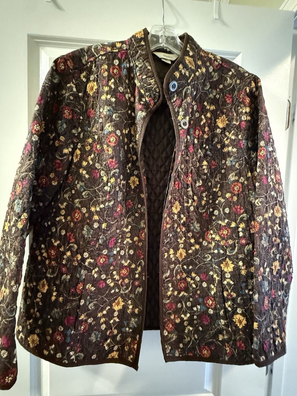 CJ Banks Womens 1X Brown Floral Quilted Jacket Button Boho Cottagecore Plus